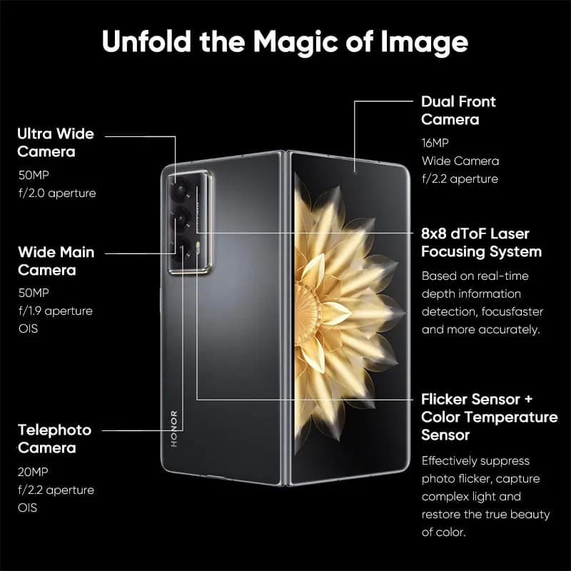 الإصدار العالمي هونر ماجيك V2 5G قابل للطي LTPO OLED شاشة 120 هرتز 7.92 بوصة كاميرات خلفية 50 ميجابكسل سنابدراجون 8 جين 2 بطارية 5000 مللي أمبير 66 واط NFC - 3