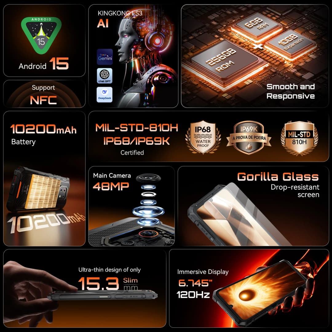 Thin Rugged Smartphone Android 15 Cubot KingKong ES 3, 10200mAh Battery, 16GB RAM(6+10), 256GB ROM, 6.745-Inch 120Hz Screen, NFC - 2