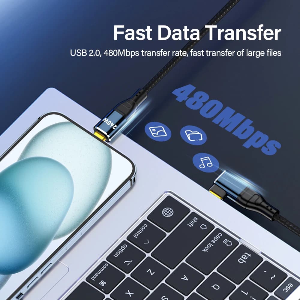 كوع 90 درجة شحن فائق السرعة PD 3.1 240W USB Type C إلى C كابل لآيفون 15 آيباد آبل ماك بوك فيفو سامسونج شاحن بيانات - 3