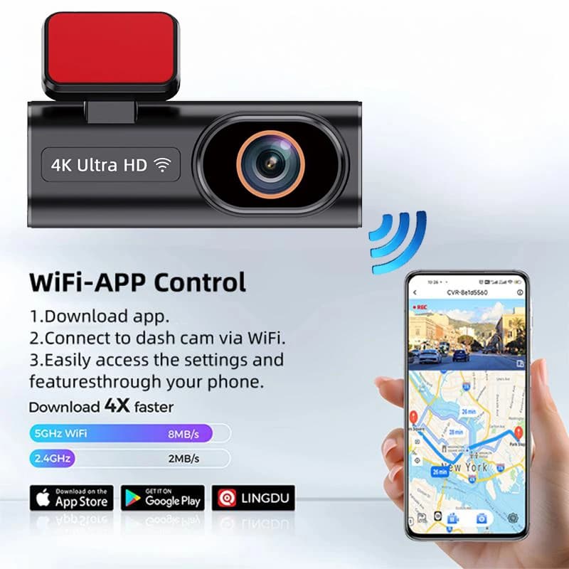 كاميرا داش بدقة 4K مع تسجيل حلقي 24 ساعة ومراقبة مواقف السيارات، كاميرا خلفية اختيارية بدقة 1080P للرؤية الليلية مع تحكم عبر تطبيق WiFi - 6