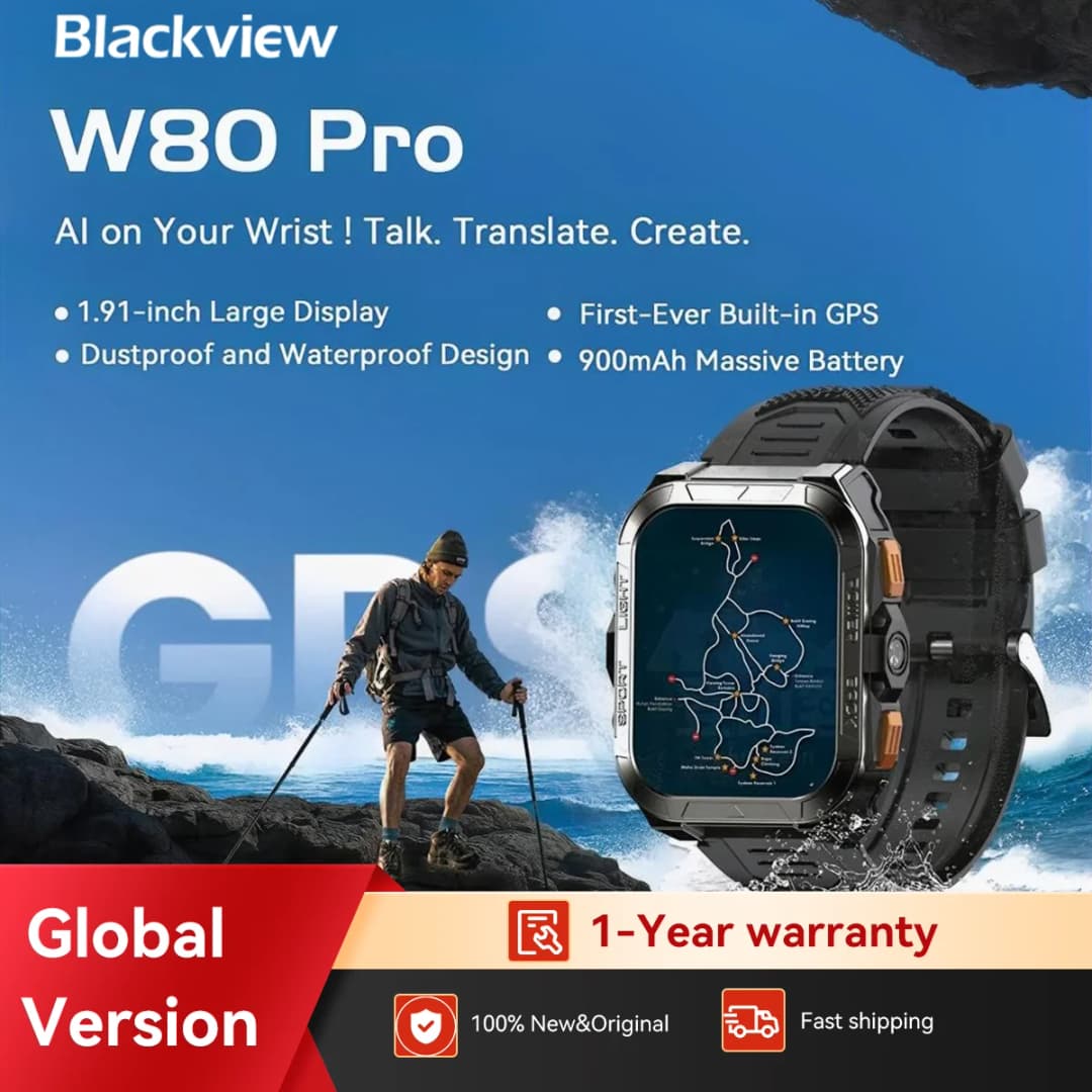 ساعة ذكية خارجية Blackview W80 PRO مع تحديد المواقع GPS، شاشة 1.91 بوصة TFT، بطارية 900mAh مع كشاف، ساعة مراقبة الصحة
