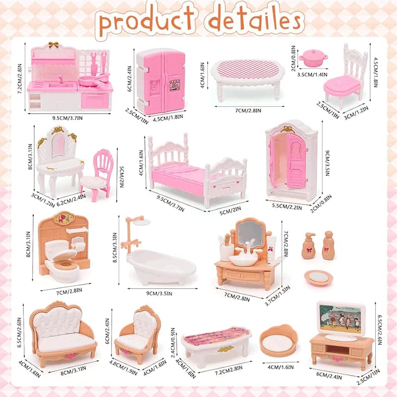 Dollhouse Furniture Set Accessories Doll House Mini Furniture Pretend Play Bedroom Living Room Bathroom Kitchen Kids Birthday - 2