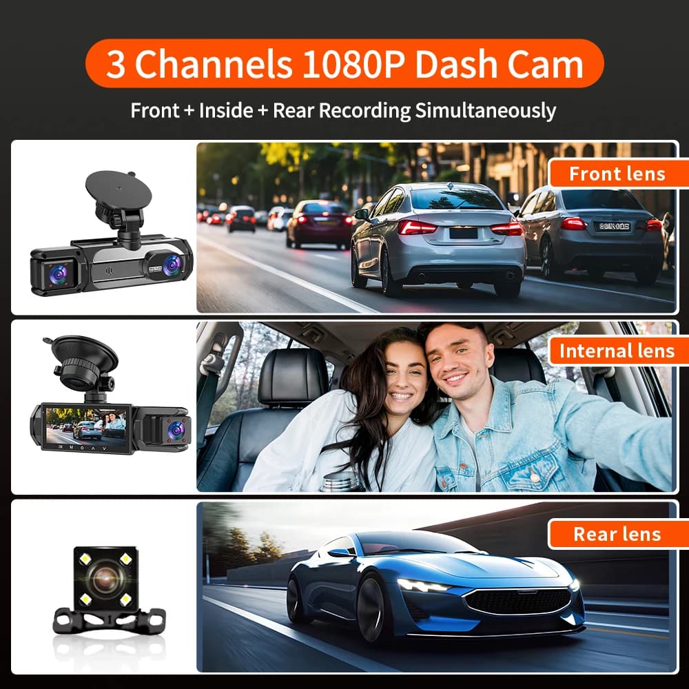 3 كاميرات داش كام 1080P كاميرا أمامية وخلفية للرؤية الليلية ومراقبة وقوف السيارات سيارة DVR مسجل فيديو ثلاثي الاتجاهات مع هدية - 2