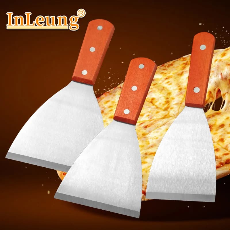 قواطع بيتزا مائلة ملعقة ستيك برجر فطيرة بيتزا كاشطة مجرفة أدوات مطبخ للشواء مقبض خشبي من الفولاذ المقاوم للصدأ