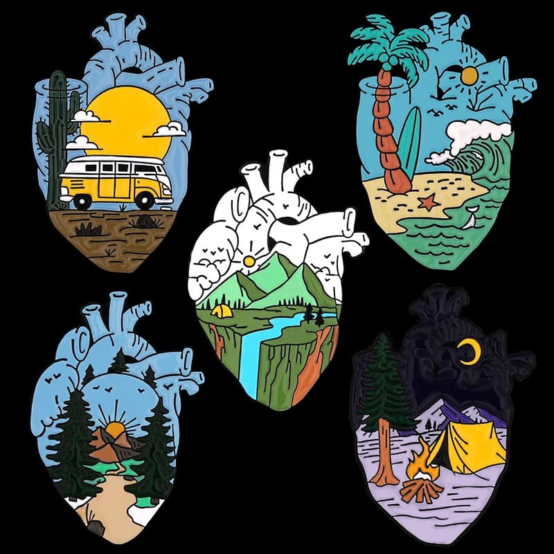 دبوس مينا على شكل قلب بمناظر تخييم بروش دبوس ياقة إكسسوارات حقيبة ظهر وقبعة مجوهرات بالجملة