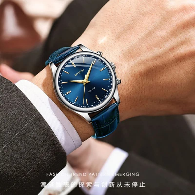 Low Price Promotion WOKAI Watch Men Blue Watches Casual Leather Band Quartz Wristwatches Men Best Gifts Relogios Masculinos 2023 - 2