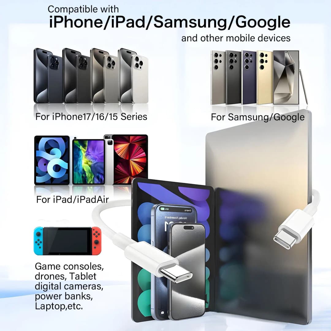 سلك كابل شحن USB C إلى USB C بقدرة 60 وات طويل لهاتف iPhone 16 15/16 15Plus/16 15Pro/16 15Pro Max، iPad Pro/Air/Mini، Galaxy - 5