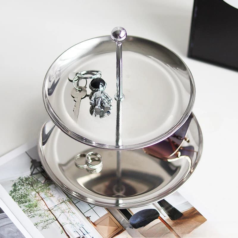 صينية تنظيم من الفولاذ المقاوم للصدأ للمجوهرات والمفاتيح والكعك، طبق عرض متعدد الطبقات، رف منزلي مع قاعدة غير قابلة للانزلاق - 4