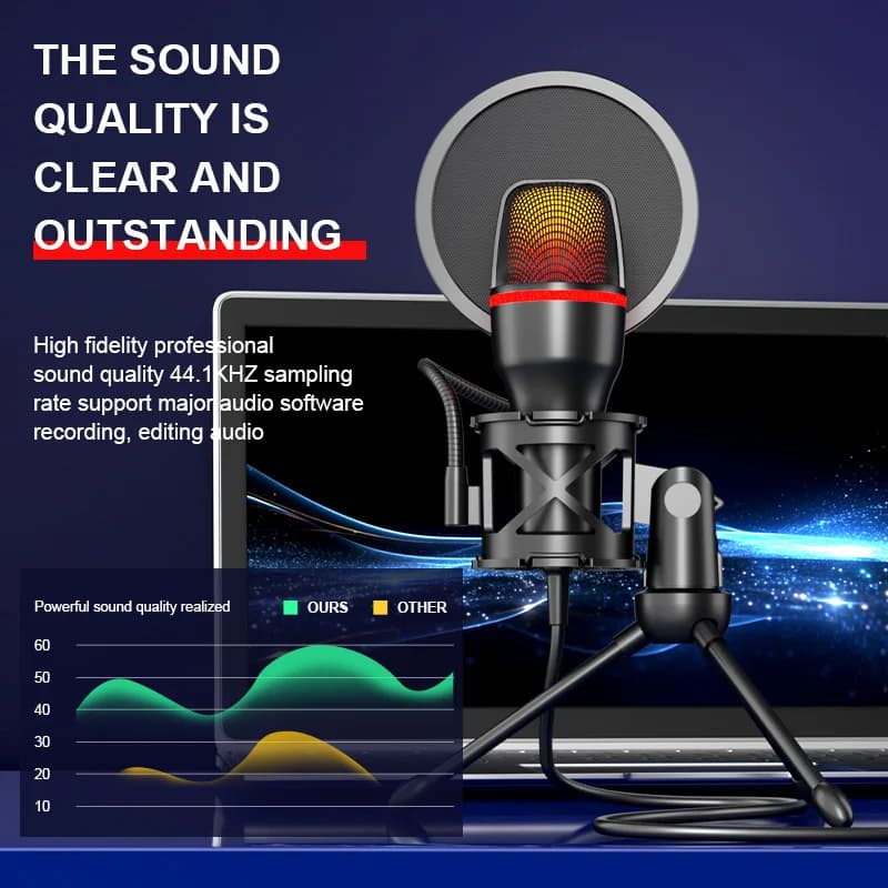 Professional Condenser Microphone For Computer PC Laptop USB Wired Gaming Accessories Kit Sound Live Streaming Podcast Gamer RGB - 3