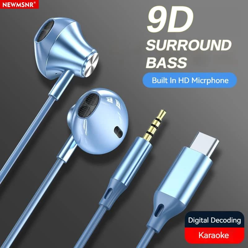 9D Stereo Type C&3.5mm Gaming Headsets Wired Earphones In-ear Headphones HiFi Bass Earphones for Samsung Earbud In Mic Handsfree