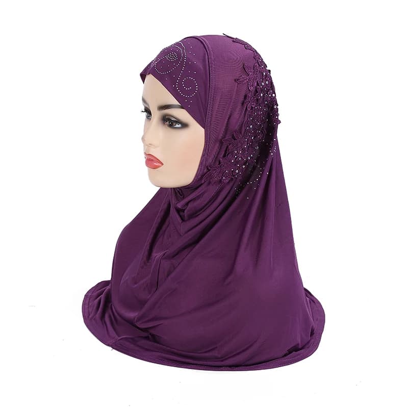 H027 حجاب مسلم كبير جميل للفتيات مع دانتيل وأحجار، وشاح إسلامي، شال، غطاء رأس، هدية رمضان - 3
