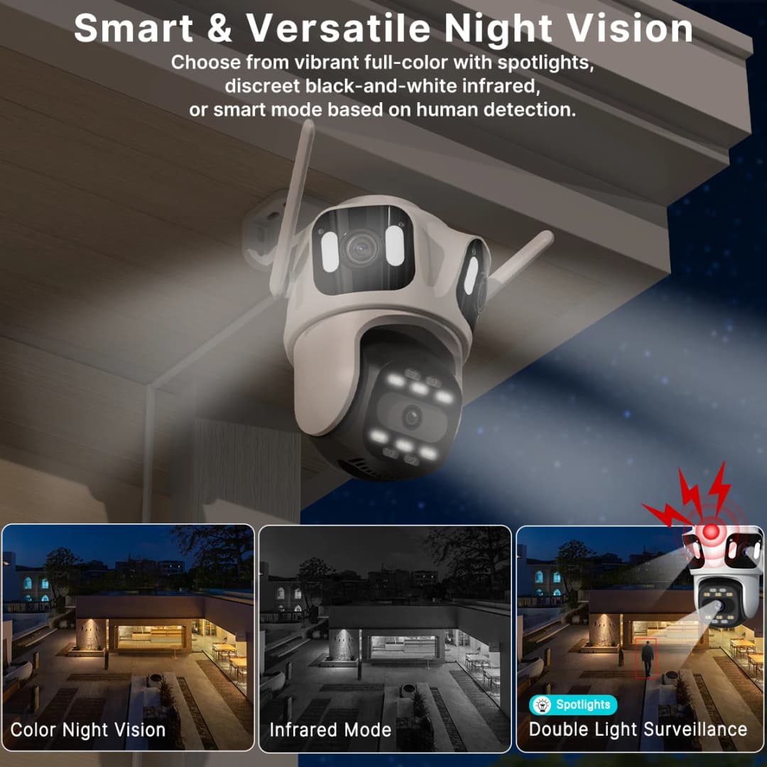 كاميرا IP PTZ بثلاث عدسات خارجية HD شاشة ثلاثية كاميرا أمان WiFi تتبع تلقائي عدسة مزدوجة كاميرا مراقبة لاسلكية iCsee - 4