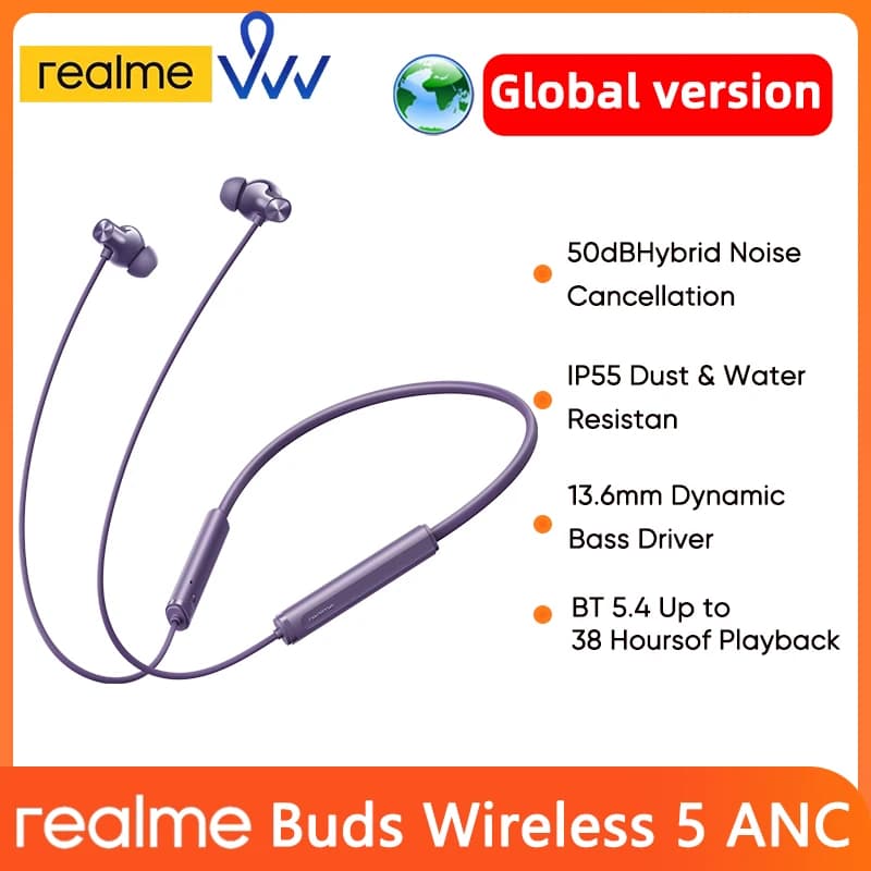 سماعات الرأس اللاسلكية الجديدة الأصلية Realme Buds Wireless 5 ANC بمحرك باس ديناميكي 13.6 ملم وبلوتوث 5.4 وإلغاء ضوضاء هجين 50 ديسيبل