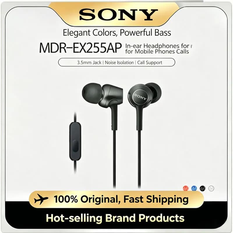 Original SONY MDR-EX255AP In-Ear Earphones Wired Stereo Bass Headset with Mic for Music Calls