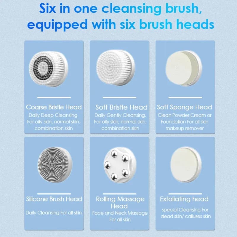 فرشاة تنظيف كهربائية محمولة 6 في 1 من السيليكون لتنظيف مسام الوجه وتقشير فرشاة تنظيف سونيك مقاومة للماء - 5