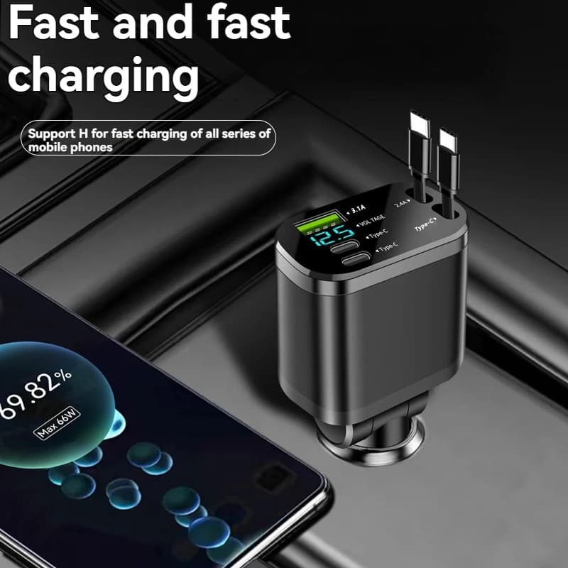 Car charger, car charger with retractable cable, car PD, car fast charging, super fast charging, flash charging, five in one cig - 2