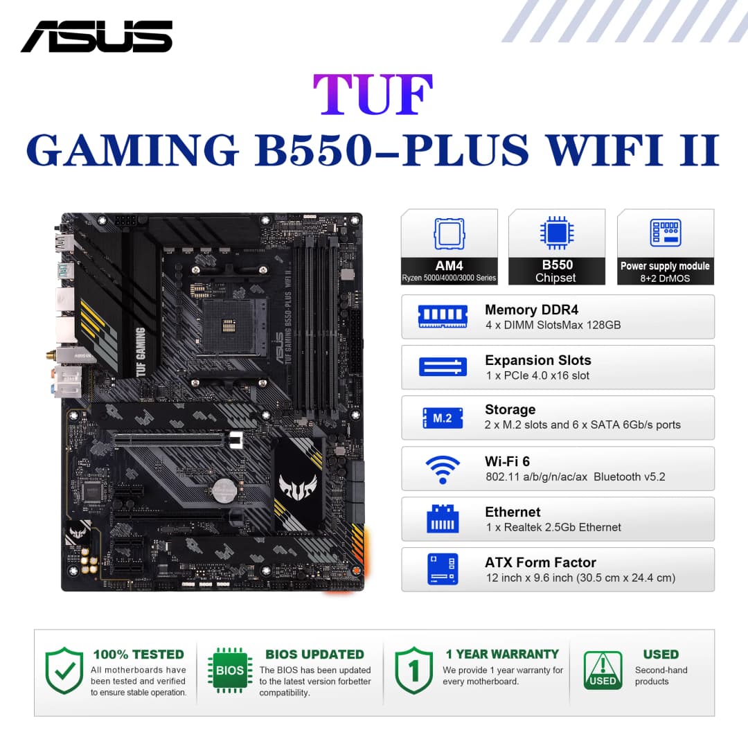أسوس TUF GAMING B550-PLUS WIFI II لوحة أم ATX بمقبس AM4، معالج DDR4 بتردد 4866 (OC) ميجاهرتز، لوحة رئيسية