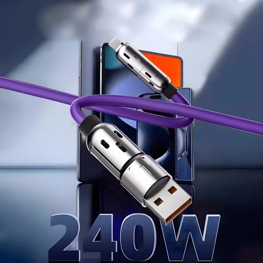 كابل شحن USB 4 في 1 شحن سريع بحد أقصى 240 وات لايتنينج متعدد الوظائف من سبائك الألومنيوم 240 وات مناسب لهاتف iPhone15 16 Samsung - 3
