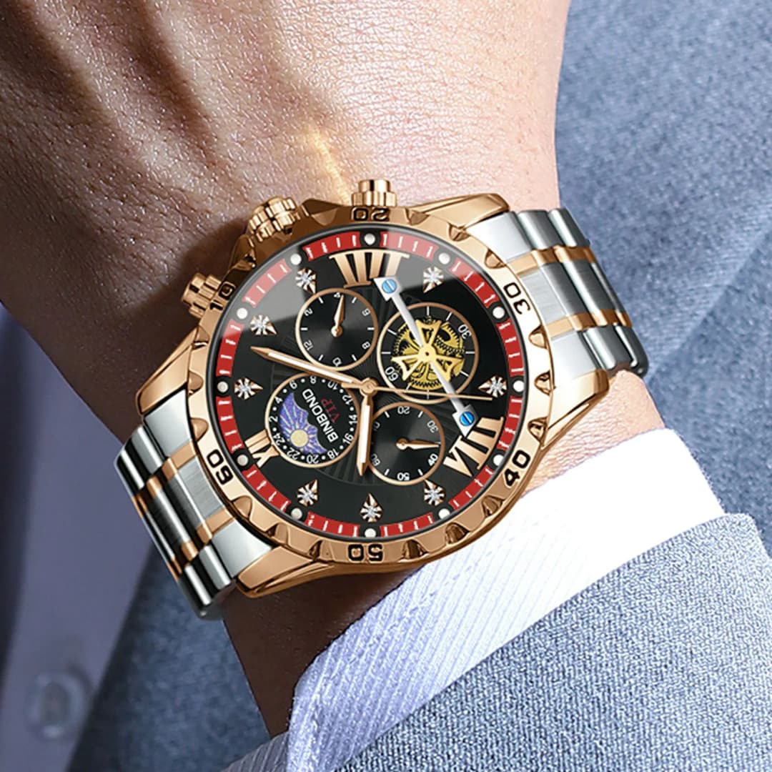 ساعة رجالية من العلامة التجارية الرائدة فاخرة أصلية ساعة أعمال إضاءة ليلية مقاومة للماء طارة ذهبية حزام فولاذي ساعة معصم كوارتز موضة رجالية - 2