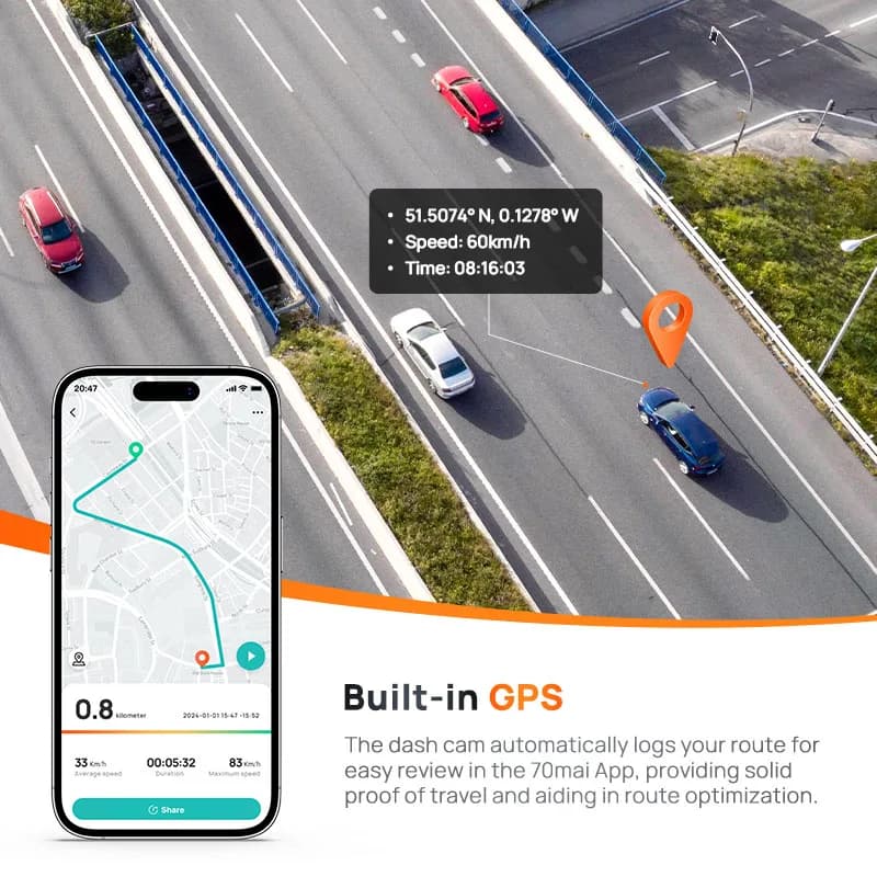 كاميرا سيارة 70mai A510 بدقة 1944P مع HDR وGPS وADAS واتصال 4G - كاميرا أمامية 4G A510 مع تسجيل مستمر 24 ساعة ودعم كاميرا خلفية - 3