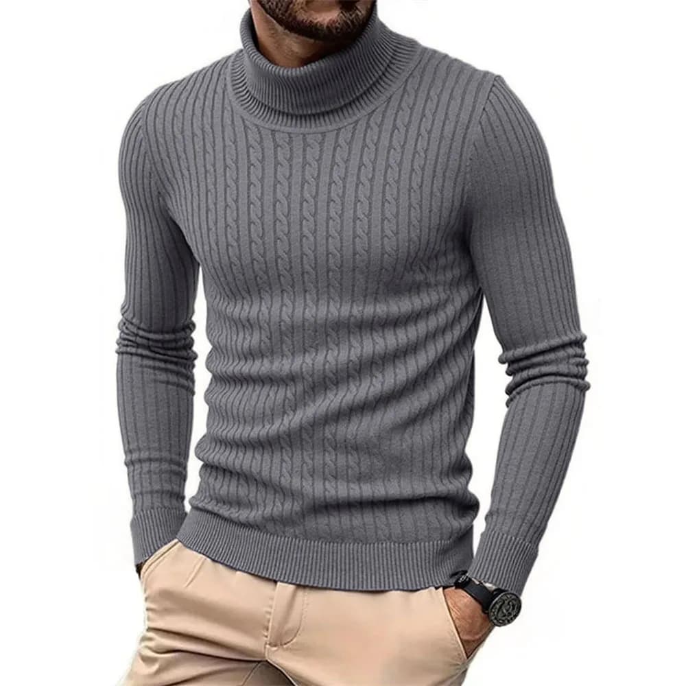 Autumn Winter Men's Turtleneck Sweater Warm Slim Fit Knitted Pullover Jacquard Striped Cozy Soft Knitwear Basic Style - 5