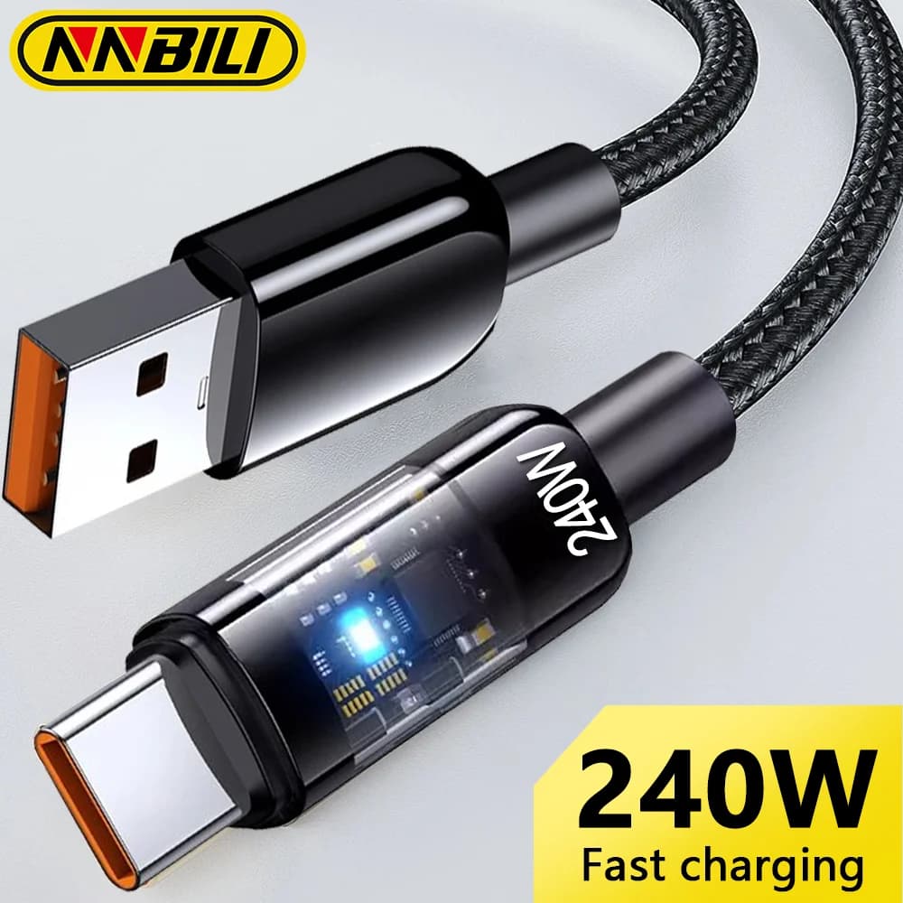 كابل شحن سريع NNBILI 240 واط من نوع USB C، كابل نايلون مضفر شفاف من نوع C، شاحن عالي السرعة لهواتف Samsung وHuawei وMi