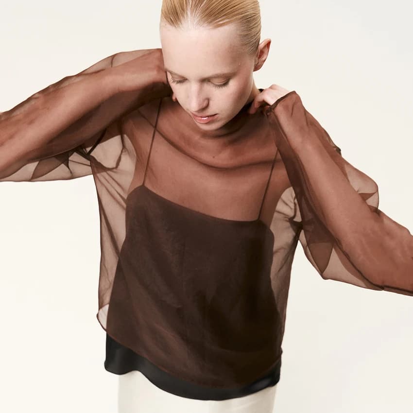 بلوزة نسائية أنيقة من Linad، لون بني، شبكة، ياقة دائرية، قميص شيفون خوخي مثير، خريف 2025، توب فضفاض بأكمام طويلة، تصميم شيك - 4