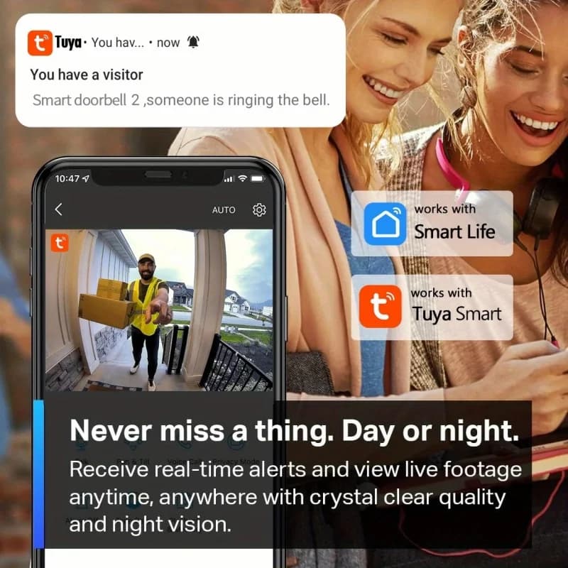 جرس باب فيديو ذكي من Tuya WiFi للمنزل، كاميرا باب ثنائية الاتجاه HD بدقة 1080P، يدعم بطاقة SD وتخزين سحابي، مقاوم للماء - 4
