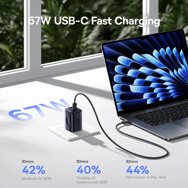شاحن Baseus بقوة 67 واط GaN صغير USB C للشحن السريع للهاتف متوافق مع iPhone 17 و16 وشاحن محمول للسفر للابتوب - 2