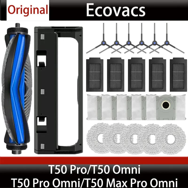ملحقات مكنسة كهربائية Ecovacs T50 Omni الأصلية، أكياس غبار T50 Pro Omni، فرش جانبية، ممسحات، وسوائل تنظيف