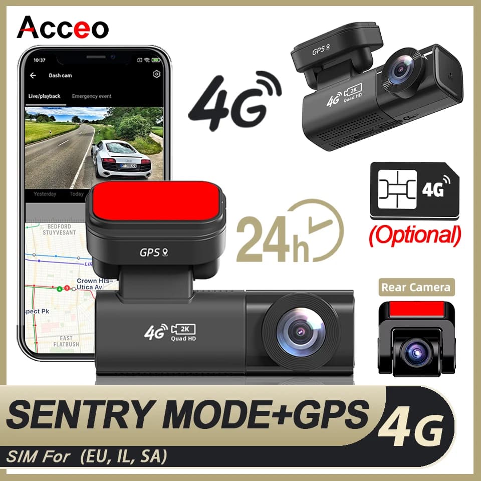 Acceo Car Dash Cam 4G LTE Connected Real-Time GPS Tracking Live View 2K Front Rear Recording Collision Warning Human Detection