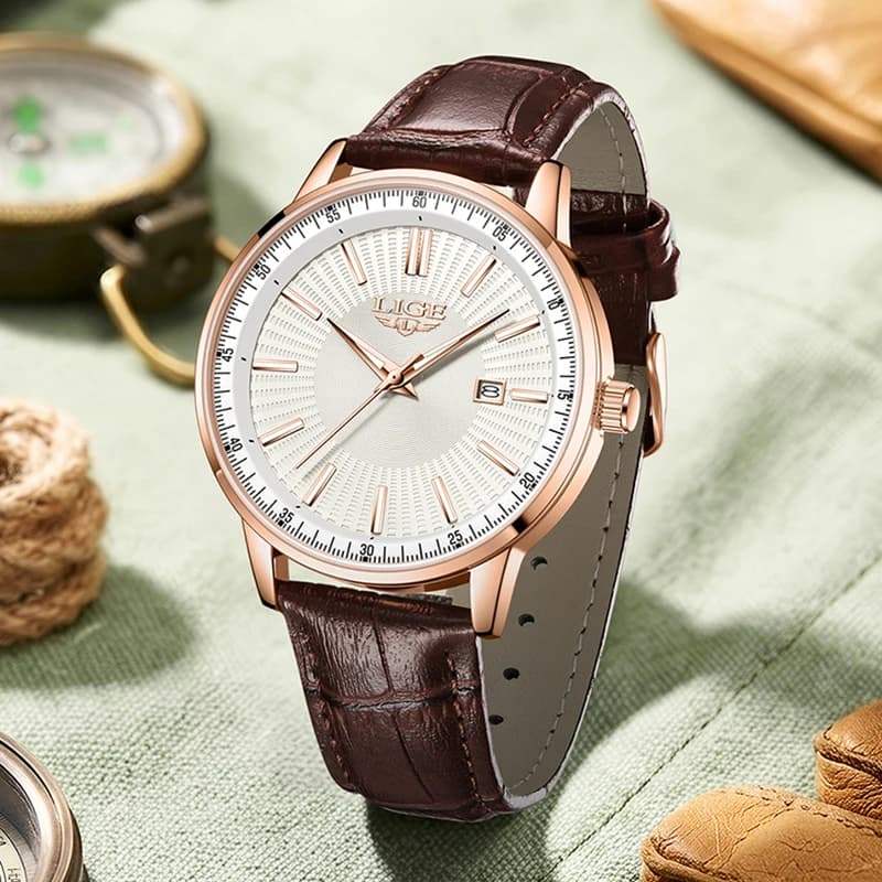 LIGE New Men Watch Fashion Brown Leather Quartz Watches For Men Outdoor Sports Waterproof Luminous Chronograph Relogio Masculino - 4