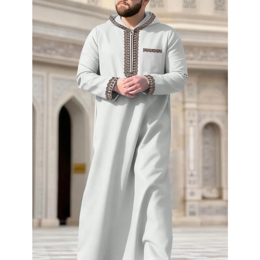 New Muslim men's long robe, Islamic hooded ethnic clothing, elegant retro MiddleEastern embroidery men's simple casual long robe - 2