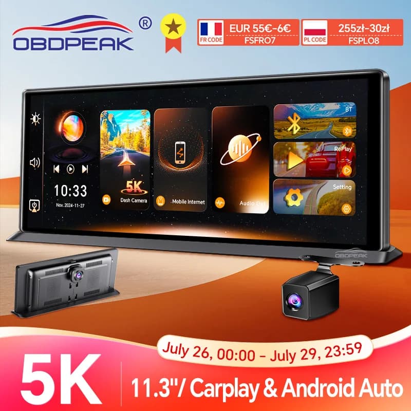 K8 Pro 11.3"  Touch Screen Car Camera 5K Dash Cam GPS 5G WiFi Wireless CarPlay & Android Auto Loop Recording GPS Navigation DVR