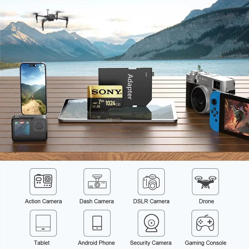 بطاقة ذاكرة SONY عالية السرعة TF مايكرو SD 128GB/256GB/1024GB A2 U3 قراءة/كتابة مستقرة، أسود وذهبي للأجهزة اللوحية وأجهزة الألعاب - 5