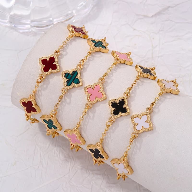 Luxury Vintage Rhinestone Four Leaf Clover Bracelet for Women Girls Fashion Five Leaf Flower Wrist Chain Jewelry Bijoux Gifts - 3