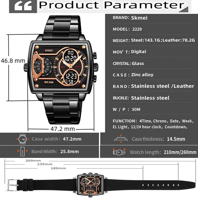 سكيمي ساعات رياضية رجالية متعددة المناطق الزمنية موضة عرض رقمي تناظري مقاومة للماء ساعة كوارتز معصم ليد كرونو منبه - 3