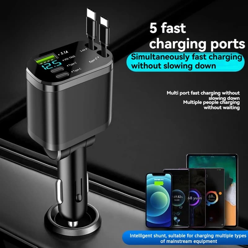 Car charger, car charger with retractable cable, car PD, car fast charging, super fast charging, flash charging, five in one cig - 3