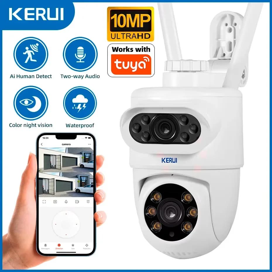 كاميرا KERUI خارجية بدقة 10 ميجابكسل 5K HD بعدسة مزدوجة وواي فاي IP مع خاصية PTZ وأمان منزلي لاسلكي ومراقبة فيديو CCTV وكشف الحركة البشرية باستخدام Tuya
