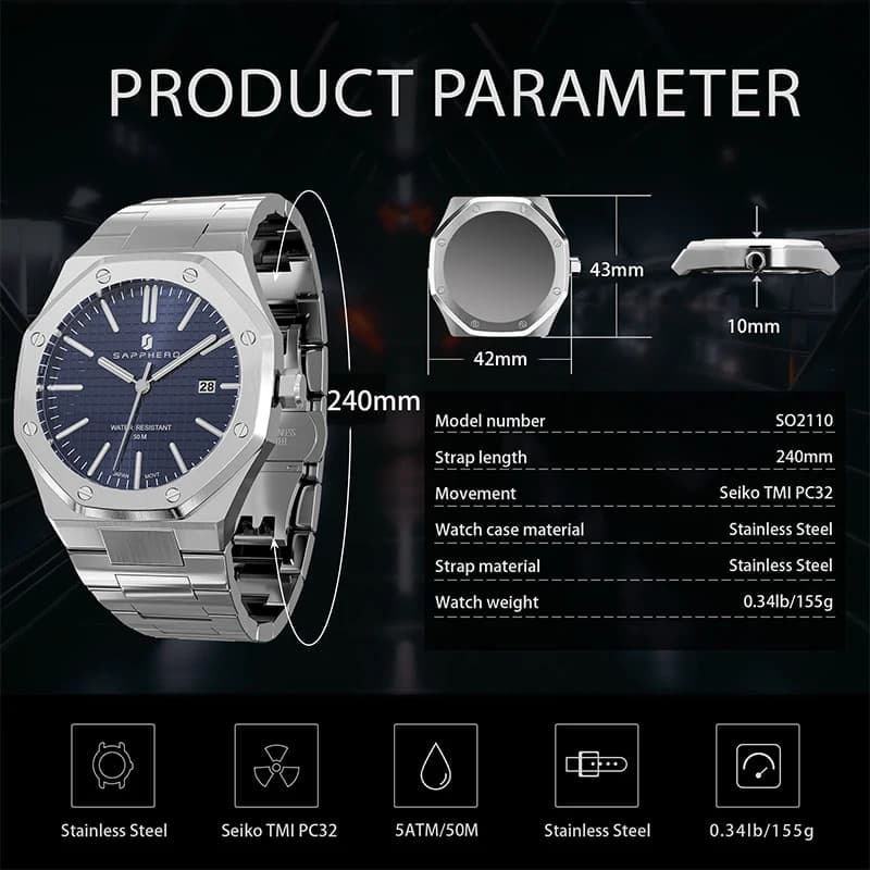 سافيرو ساعة رجالية، حزام من الفولاذ المقاوم للصدأ، تصميم مقاوم للماء، تقويم تلقائي، هدايا احتفالية، ساعة في علبة هدايا فاخرة - 6