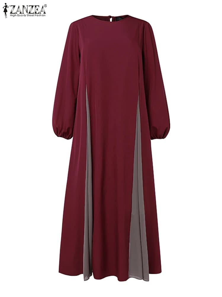 فستان ماكسي نسائي من ZANZEA مكون من كتلة الألوان مكون من قطعتين فساتين إسلامية طويلة برقبة دائرية وأكمام طويلة لخريف 2024 رداء عباية - 4