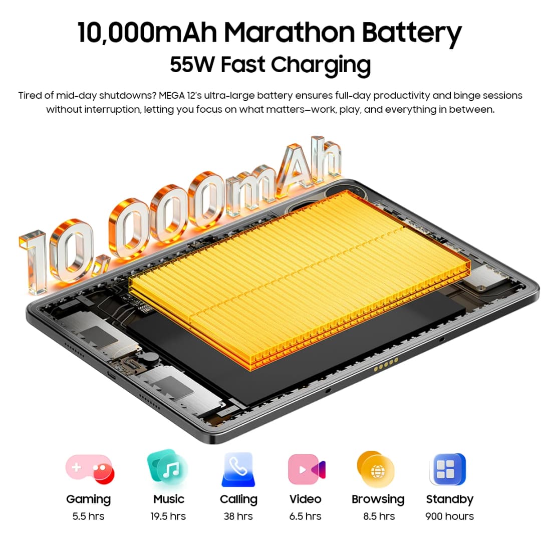 جهاز لوحي Blackview MEGA 12 الذكي بشاشة 12.2 بوصة بدقة 2.4K ومعدل تحديث 120Hz، ومعالج Dimensity 7200، ودعم Dual 5G، ومقاوم للماء بمعيار IP69K، مع لوحة مفاتيح بدون شاحن - 4