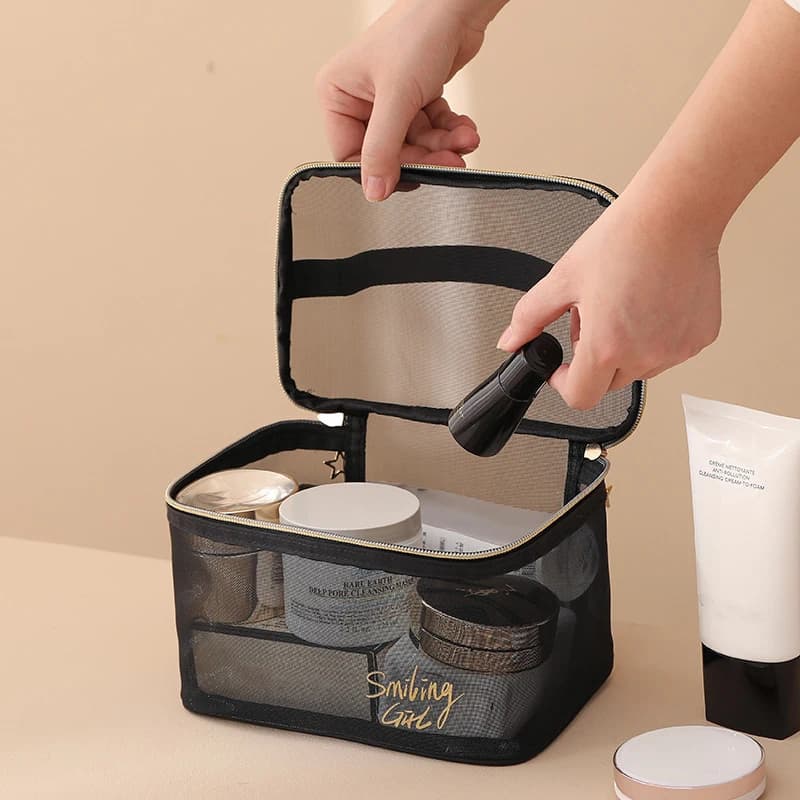 حقيبة مستحضرات تجميل نسائية من الشبك الأسود شفافة منظم فرشاة مستحضرات التجميل للسفر حقيبة مستحضرات تجميل صغيرة وكبيرة - 4