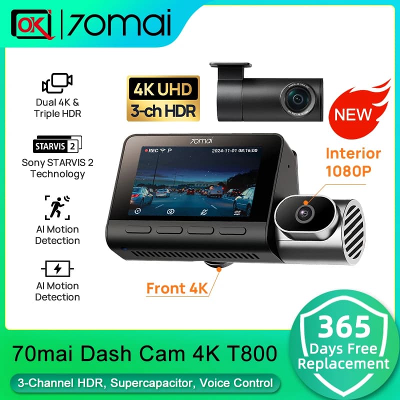 70mai 4K T800 مسجل سيارة بثلاث قنوات HDR مع مكثف فائق وواي فاي 6 وتحكم صوتي ومتافق مع 4G وشاشة 4G وGPS وADAS إصدار عالمي