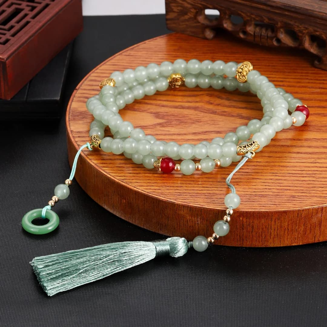 New 108 Beads Natural Stone Prayer Necklace Women Men Buddhist Buddha Meditation Green Crystal Necklace Long Tassel Chokers Gift - 4