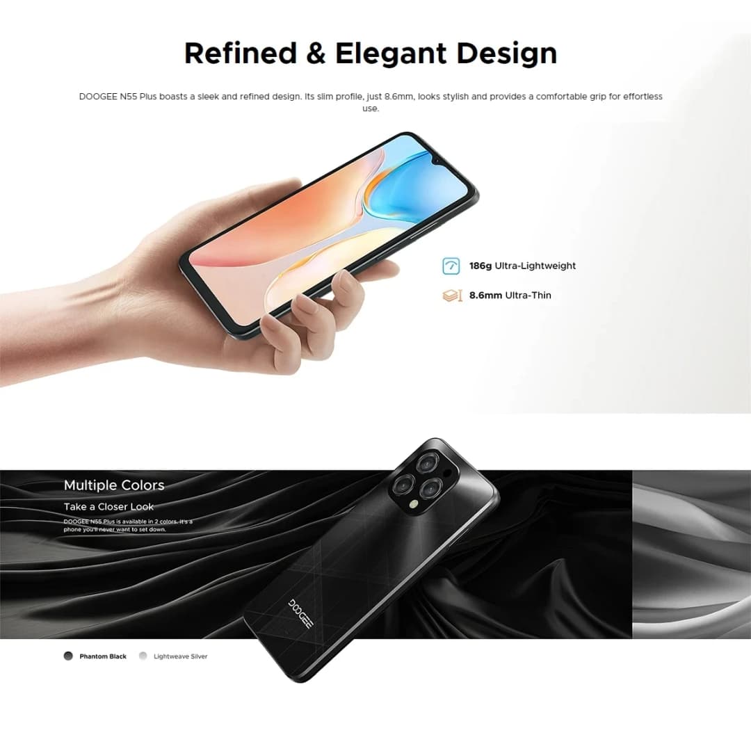 هاتف DOOGEE [N55] الذكي 5G بشاشة 6.56 بوصة 90Hz IPS، 4 جيجابايت + 128 جيجابايت، كاميرا ثلاثية 13 ميجابكسل، بطارية 5150 مللي أمبير، نظام أندرويد 14 - 4