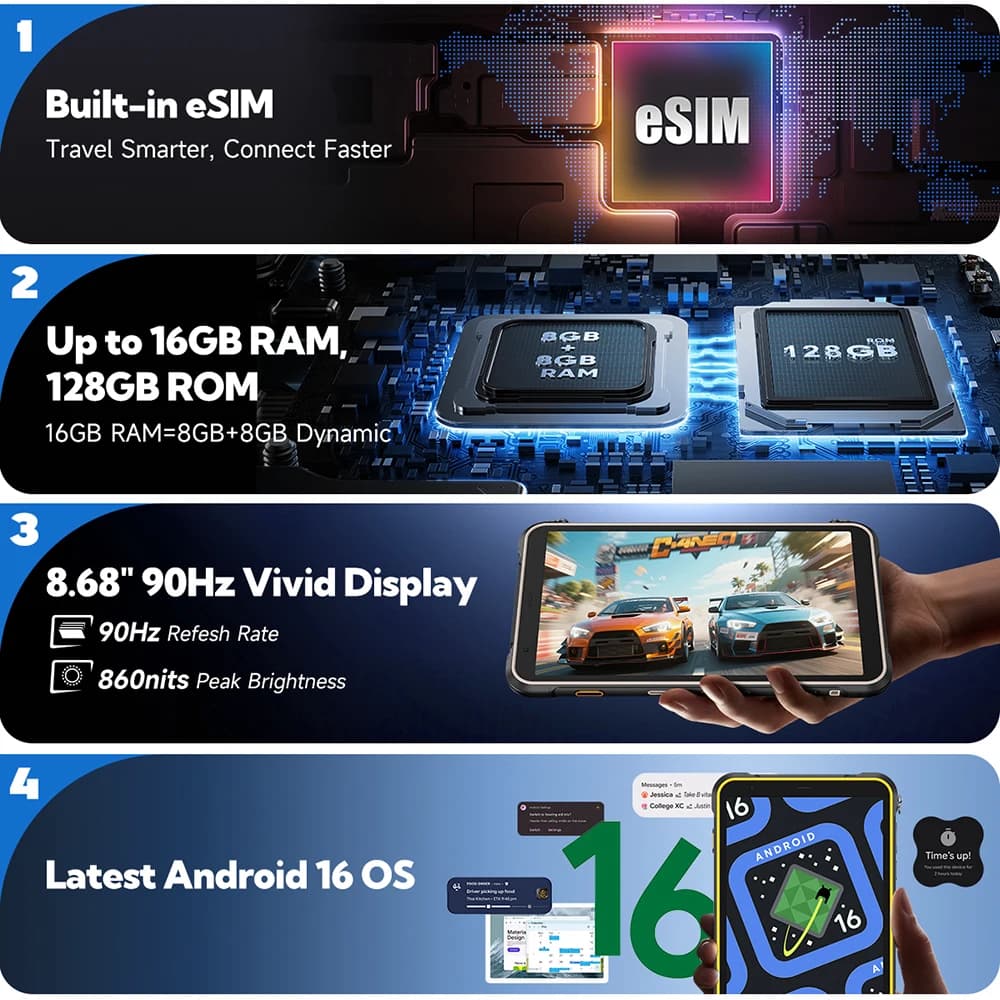 جهاز Ulefone RugKing Pad Pro اللوحي المتين 4G بشاشة 8.68 بوصة و90 هرتز وبطارية 7100 مللي أمبير بنظام أندرويد 16 وذاكرة تصل إلى 16 جيجابايت وسعة تخزين 128 جيجابايت، نسخة عالمية - 2