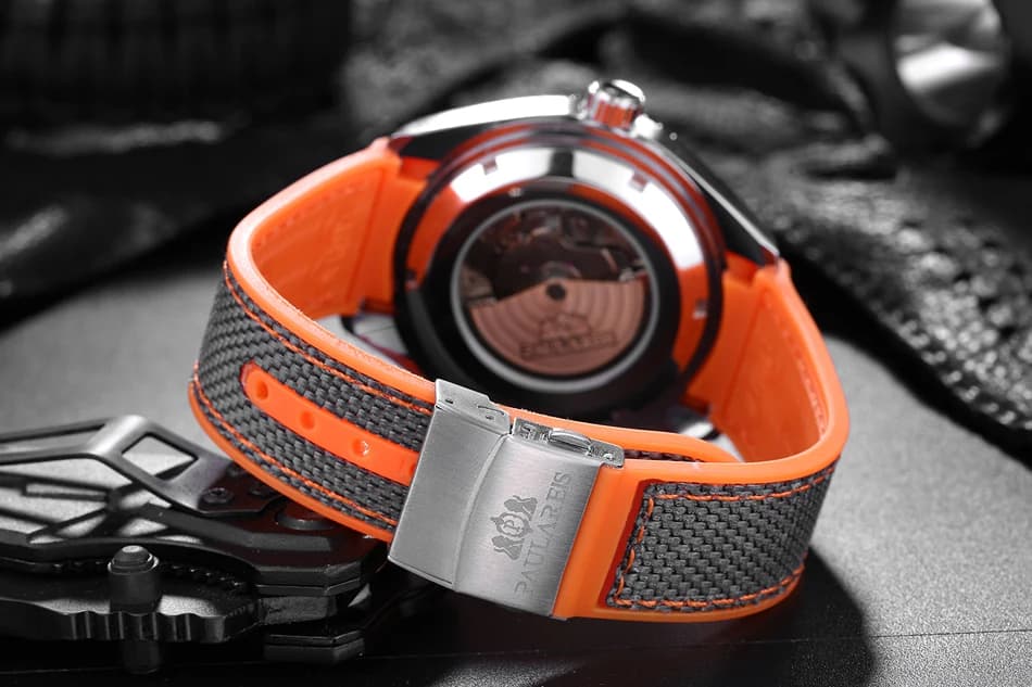 Automatic Mens Watch Mechanical Self Wind Movement Canvas Rubber Strap Orange Blue Red Luxury Fashion Watches - 4