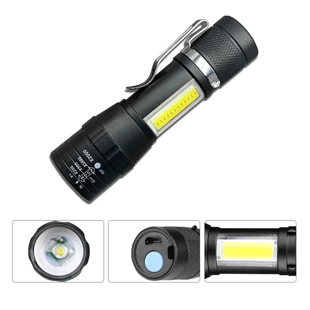مصباح يدوي LED قابل لإعادة الشحن محمول مع مشبك قلم، مصباح يدوي قابل للتكبير مقاوم للماء مع إضاءة جانبية، فانوس طوارئ للتخييم في الهواء الطلق - 2