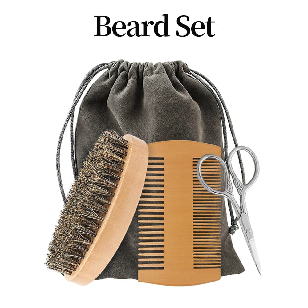 مجموعة حلاقة للرجال مع فرشاة لحية من شعر الخنزير ومشط متعدد الاستخدامات ومقص صغير، أداة عناية يومية محمولة